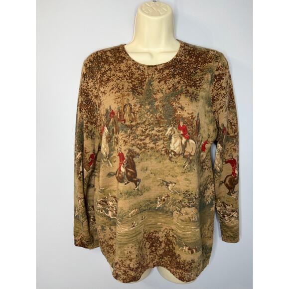 Pendleton Merino Wool Equestrian Hunting Print Tan Sweater Sz L Brown - Picture 4 of 10